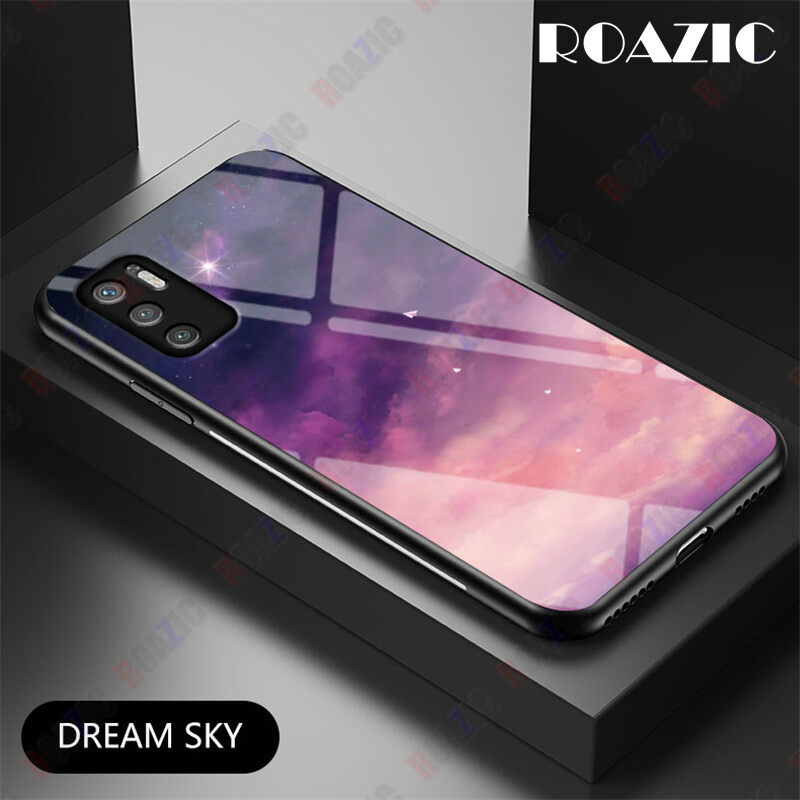 ROAZIC For Xiaomi Redmi Note 10 5G Note 10 4G Note 10S Note 10 Pro Note 10 Pro Max Phone Case Starry Sky Hard Tempered Glass Casing Soft TPU Edge Protection Back Cover