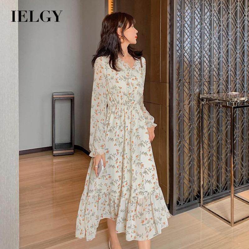 IELGY Women's dress dress v-neck floral simple Korean fashionable slim casual versatile