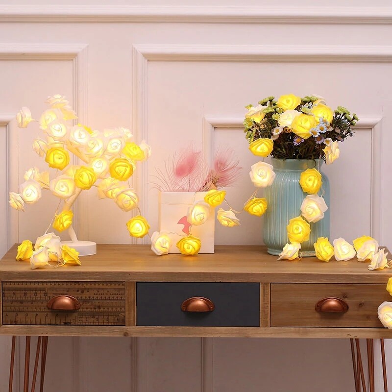 【 Beauty-Sunshine】dây Đèn Hoa Hồng 2.5M 20LED Đèn Giáng Sinh, Đèn Lồng Phòng Cưới Đèn Dây