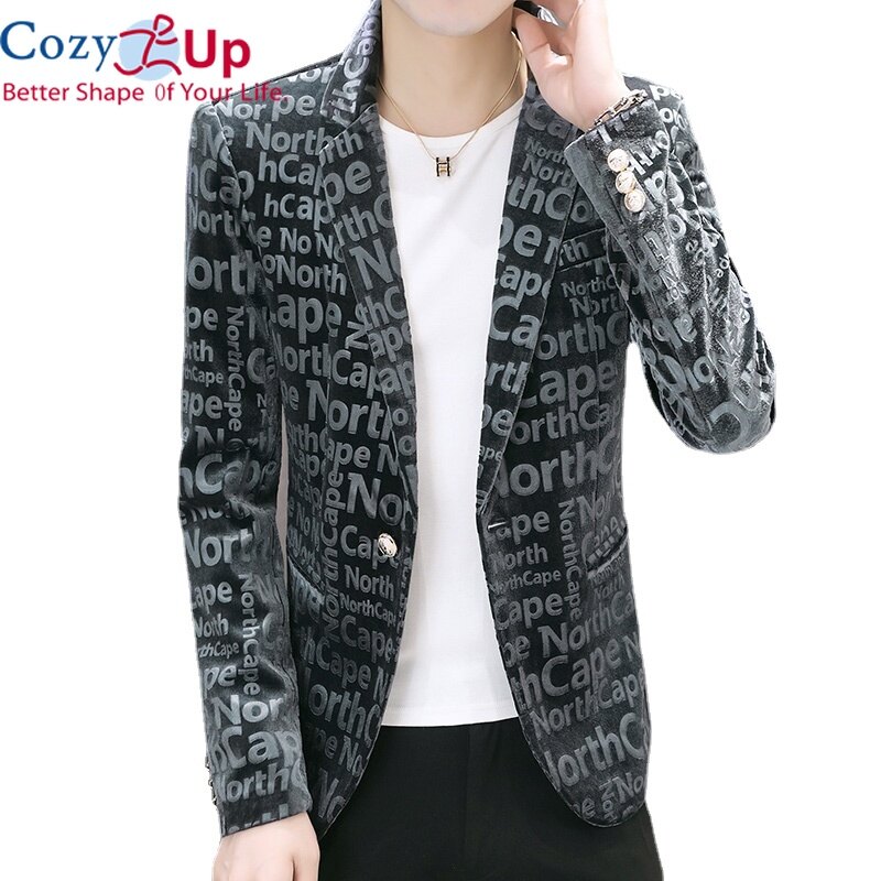 Cozy Up Men Suit Jacket Letter Batik Slim Fit Single Button Casual Corduroy