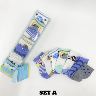 [ READY STOCK ] 7 IN 1 SET New Born Baby Sock Cotton 7 Pairs Boy Or Girl Design With Gift Box BBS15 - Baju Baby Borong