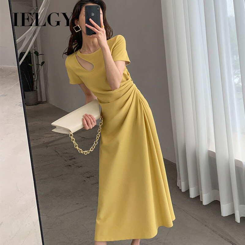 IELGY Đầm Màu Trơn Eo Cá Tính Phong Cách Pháp Cho Nữ