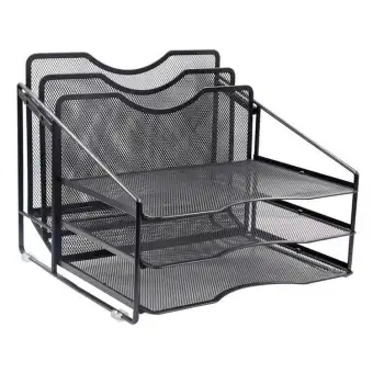 Mesh Desk Organizer File Folder Rack With 3 Paper Trays And 2