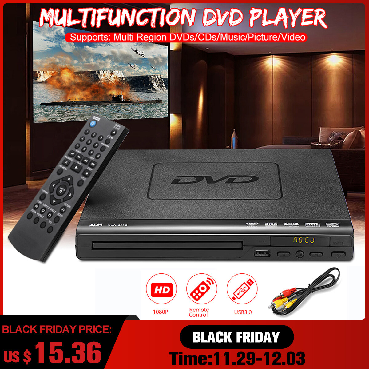 1080P 110240V DVD RWHDMI Player HDMI USB3.0 Mediaplayer MultiROM