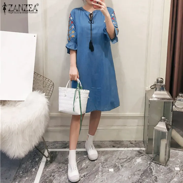 Zanzea Gaun Abaya Mini Untuk Wanita Gaun Denim Motif Bunga Bergaya Bohemia Gaun Mini Untuk Wanita Lazada Indonesia