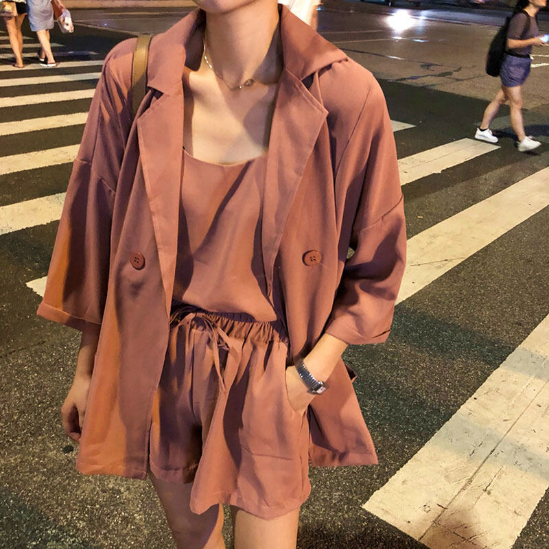 RULINWOODS 3Pcs Set quần áo bông nữ [Blazer+Tops+Shorts}