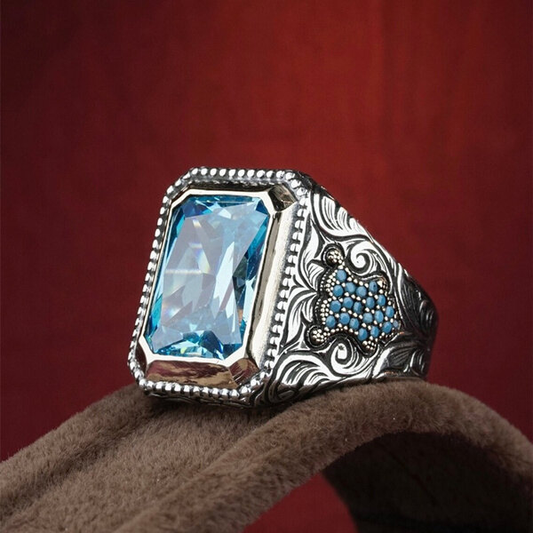 Europe and America Men's Fashion Vintage 925 Sterling Silver Natural Gemstone Aquamarine Diamond Ring Anniversary Christmas Gift Birthday Party Ring Groom Engagement Wedding High-end Jewelry