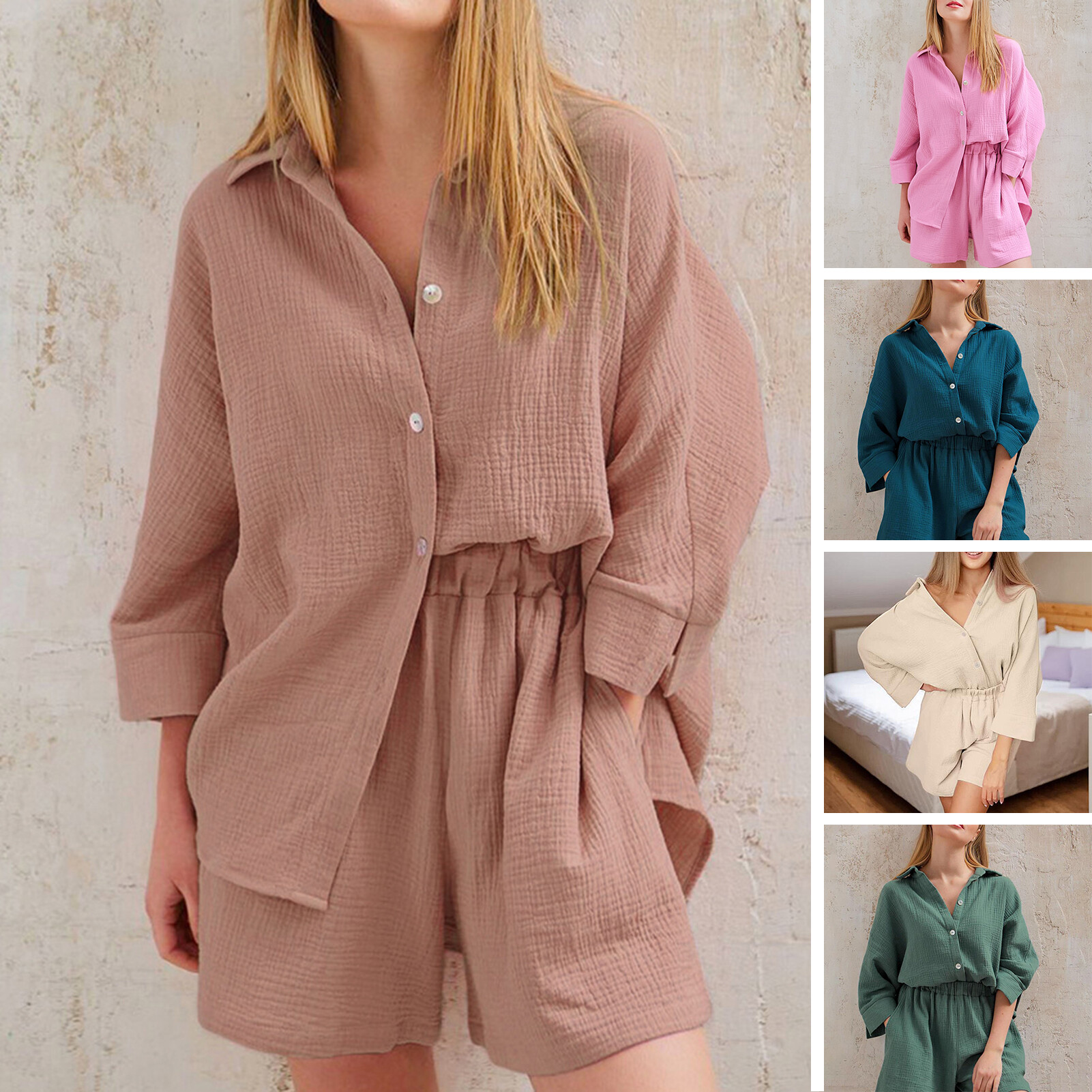 2 Pcs/Set Lady Shirt Shorts Set Elastic Waist Button Lapel Solid Color Loose Sleeping Deep Crotch Daily Wear Summer Pajamas Set Women Clothes