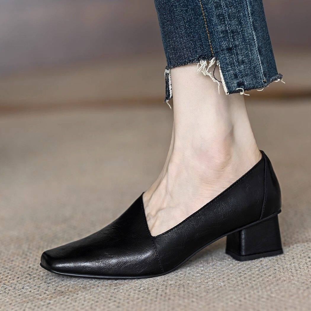 35-39 Real soft leather square toe work shoes French mid-heeled block heel commuter heels