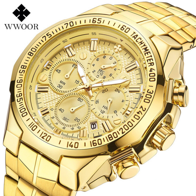 WWOOR fashion watch mens top brand luxury gold chronograph mens watch gold large mens watch mens stainless steel 4 small plate 7 pin mens watch Relogio Masculino Malaysia