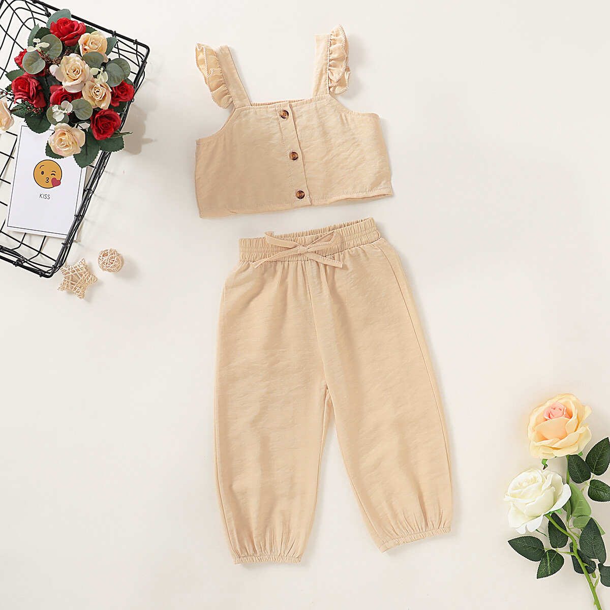 M & Bบ้านเด็กสาวRufflesแขนกุดปุ่มท็อปส์เสื้อยืดคอกลมกางเกงขายาวชุดชุด 2 ชิ้น/เซ็ตสำหรับเสื้อผ้าฤดูร้อนเด็กวัยหัดเดิน 1-6 ปี