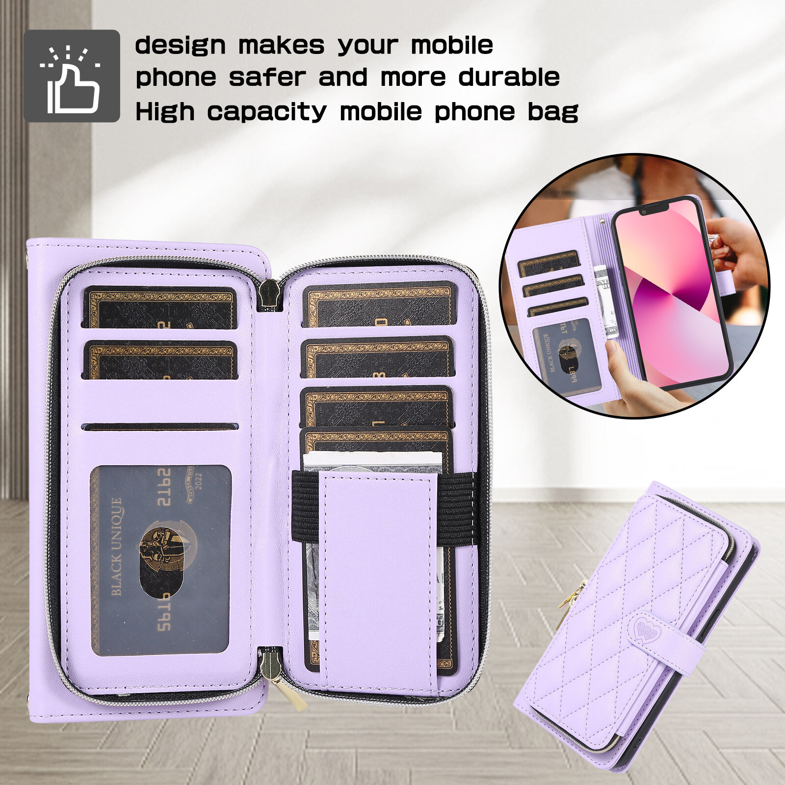 Lozenge Leather Zipper Wallet Credits Card Slots Pouch Bracket Kickstand Holder Phone Case For Apple iphone 15 Pro Max iphone 14 Pro iphone 13 iphone 12 Pro iphone 11 XS MAX XR 7 8 Plus SE 2022 Lanyard Strap Shoulder Crossbody iphone Case