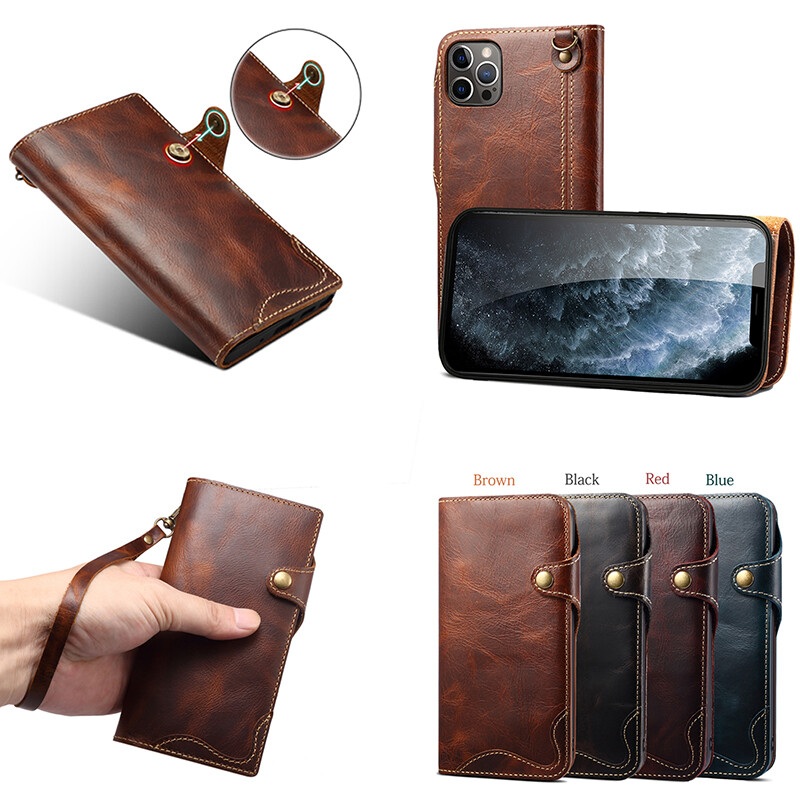 Genuine Leather Wallet Case for iPhone 12 Pro Max High Quality Soft Cover with Card slots and hand strap
