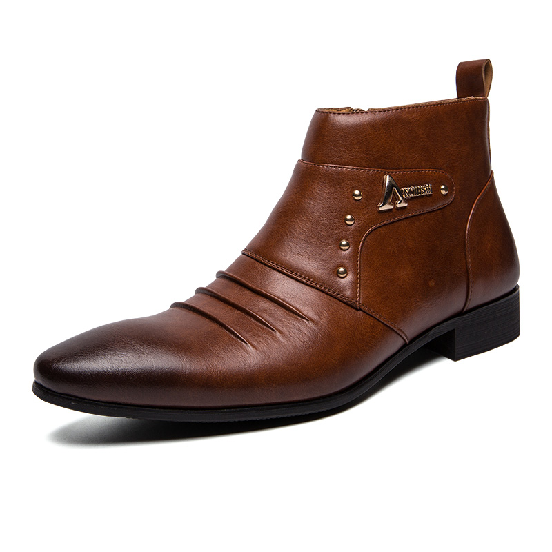 SUPERLI Dress Boots Men Chelsea Boots Wedding Shoes Ankle Pointed Top Zip Spring Autumn Solid Vintage Leather Chaussure Homme Men Boots