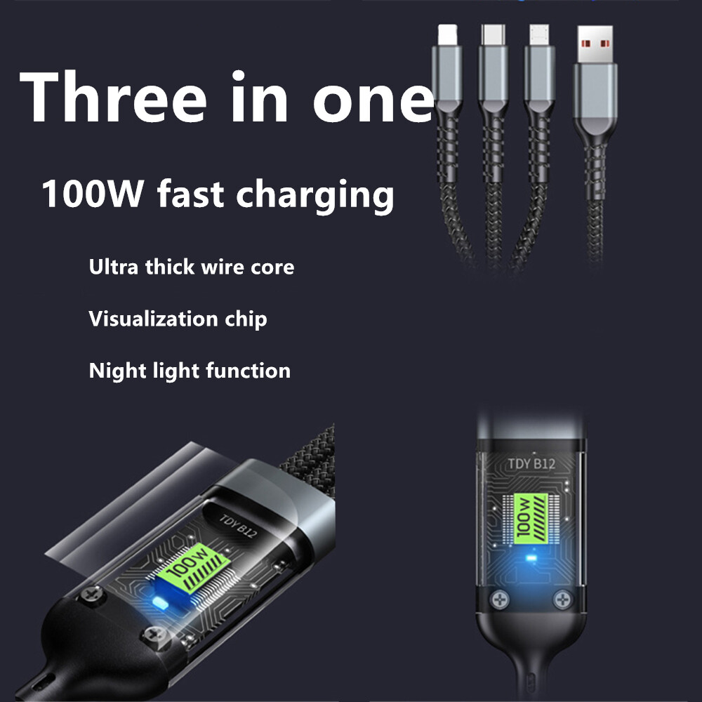 Vaorlo Ban Đầu 3 Trong 1 Nhanh Chóng Cáp sạc 1.2M 100W Loại C đường dây truyền tải Dữ Liệu cổng Micro USB Lightning Tương Thích Với iPhone IOS dây sạc Cho Android Huawei Xiaomi
