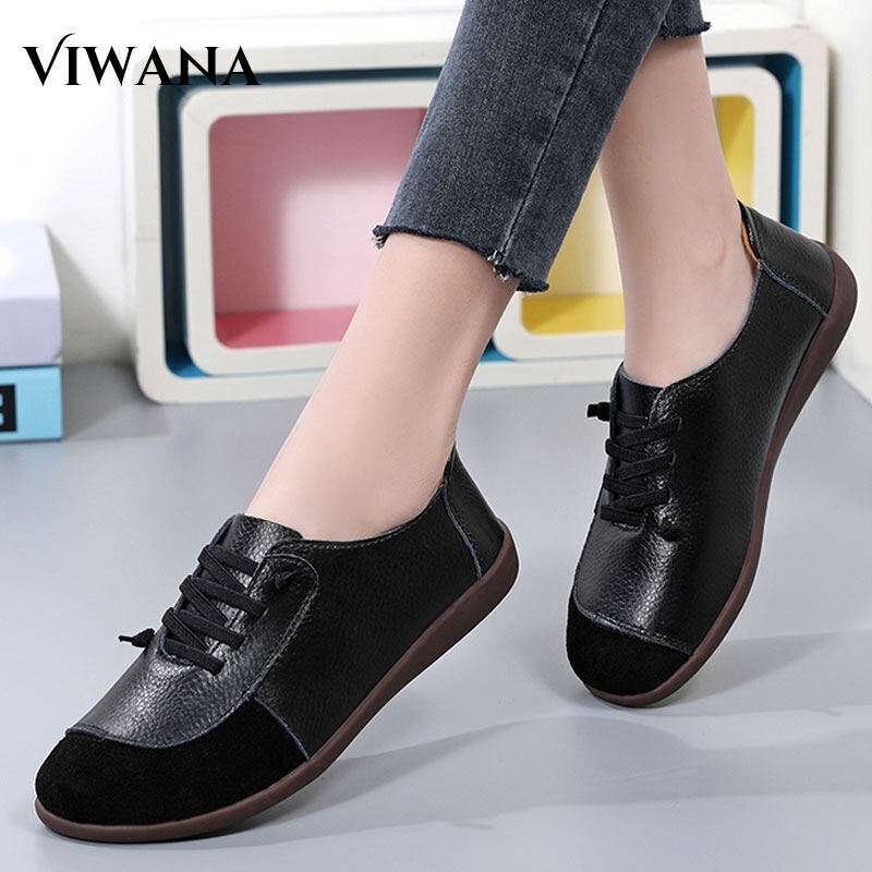 VIWANA Flat Shoes For Women Genuine Leather Casual White Shoes Plus Size 35-42 Korean Style Comfort Anti-Slip Loafers For Ladies Shoes On Sale Women Shoes