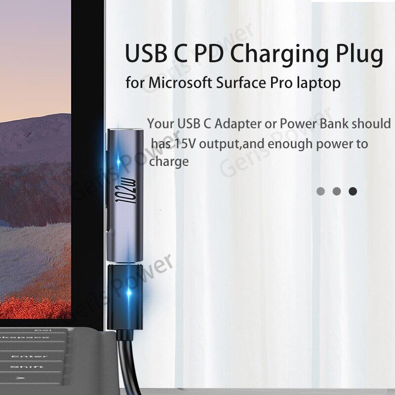 Đầu Nối Bộ Chuyển Đổi Nguồn PD USB Type C 15V 102W Bộ Chuyển Đổi Sạc Nhanh Cho Microsoft Surface Pro 8 7 6 5 4 3 Go Book 1 2 3