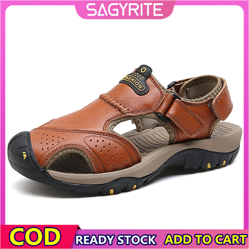 SAGYRITE Size 38-46 Sandals for Men Leather Beach Walk Slippers Mens Sandals Outdoor Leather Hiking Sandals