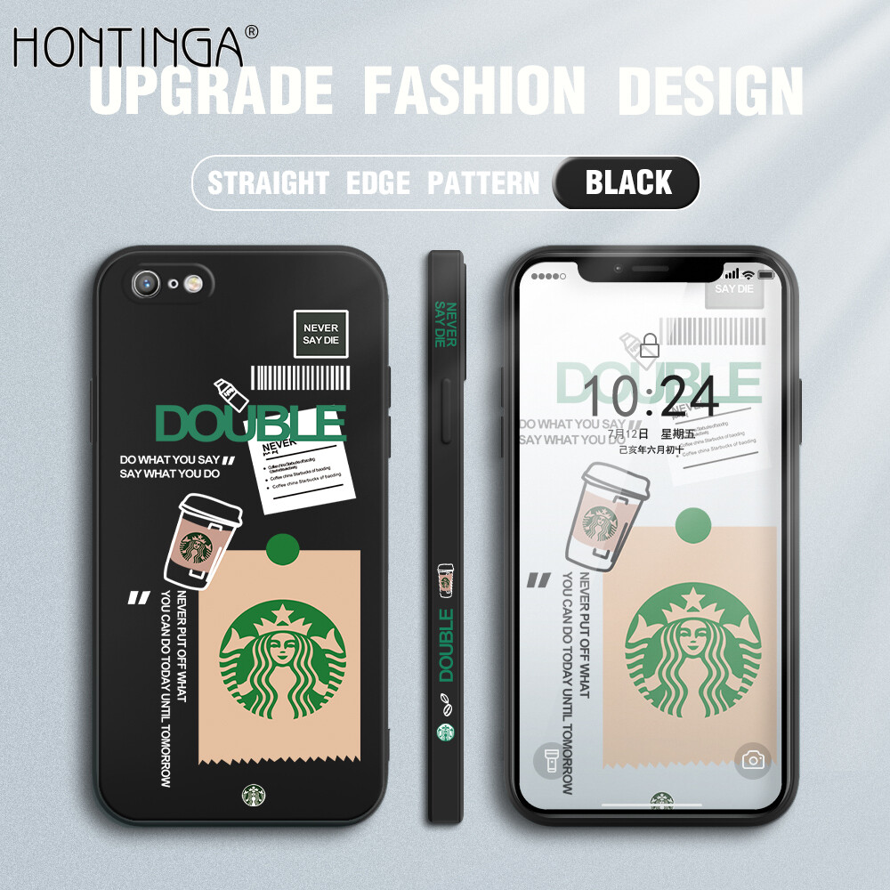 Hontinga Casing Case For Iphone 6 6s 7 8 Plus SE 2020 Case Starbucks Label Side Square Original Liquid Soft Silicone Edge Pattern Case Full Cover Camera Protection Cases Back Cover Phone Casing Softcase For Boys Girls