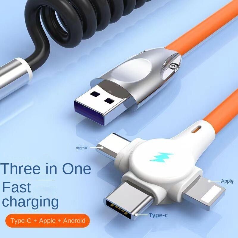120W sạc siêu nhanh 3-in-1 mùa xuân Cáp dữ liệu tùy chỉnh cho Apple Huawei Xiaomi cáp sạc xe hơi