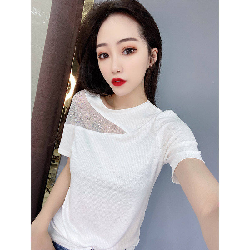 Summer New European Station Western Style off-the-Shoulder Diamond-Embedded Short-Sleeved T-shirt for Women European Goods Slim-Fit See-through Oblique Shoulder Tops