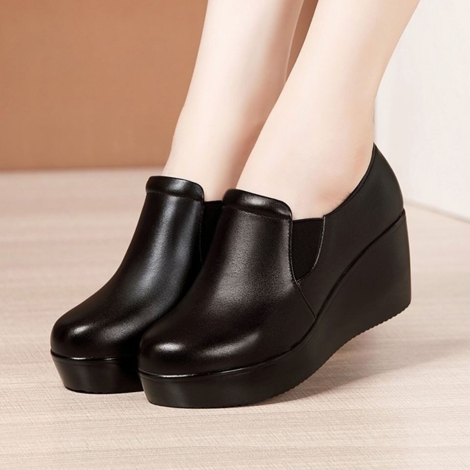 Genuine Leather Women's Closed-Toe Wedges Work Shoes One Step Trend Thick  Sole Shoes