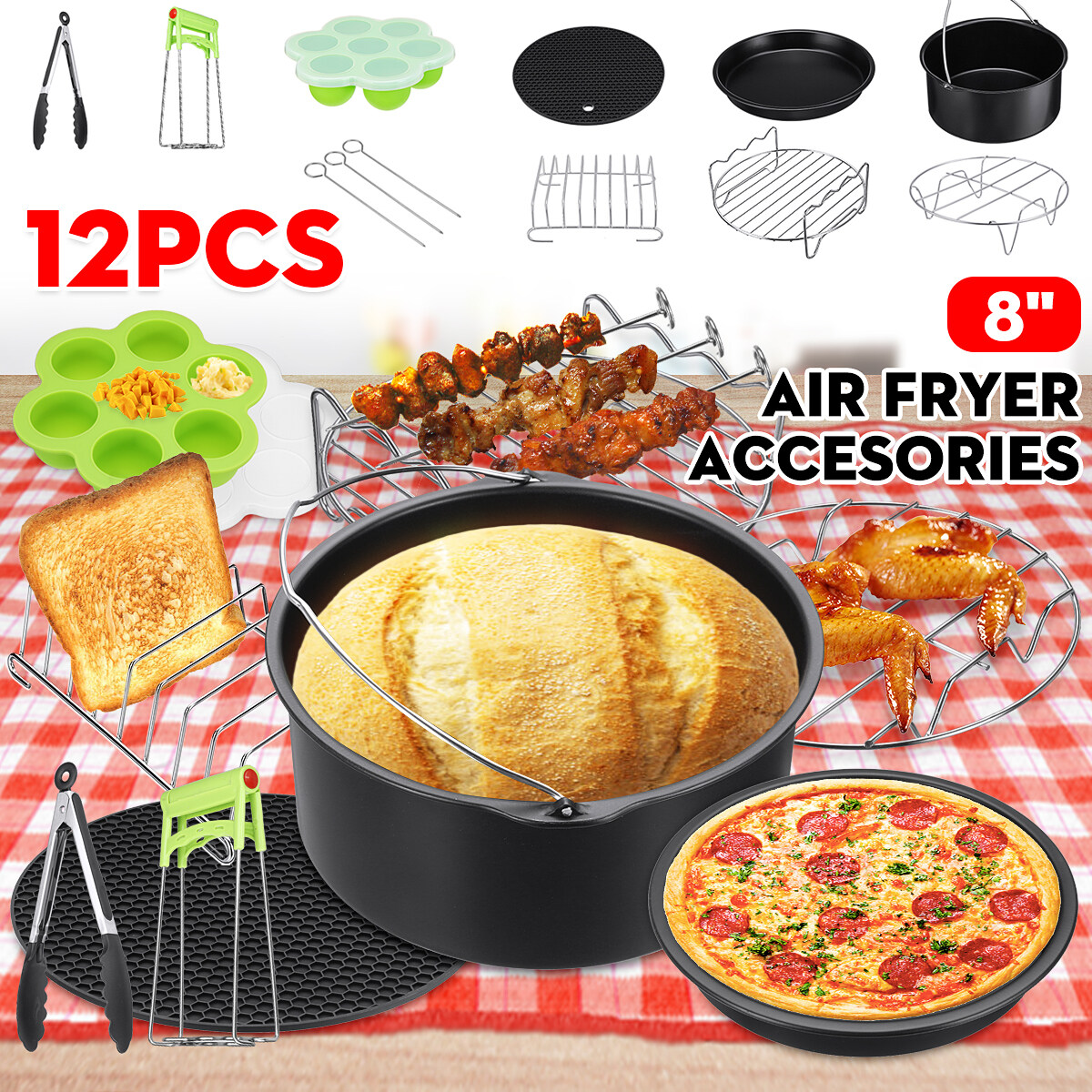 12Pcs 7 '/8' หม้อทอด Air Fryer อุปกรณ์เสริมกระบอกเค้กกระทะพิซซ่าชุดอุปกรณ์ยึดสำหรับ3.2 ~ 6.8QT