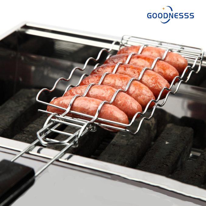 BBQ Sausage Grilling Basket Picnic Grill Rack for 6 Hot Dog Metal Mesh Baskets Portable Barbecue Tool BBQ Accessories