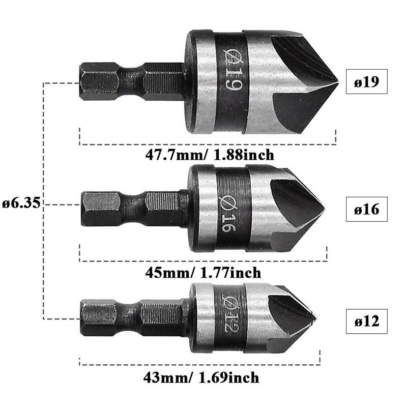 3PCS 12/16/19mm 5Flute Hex Countersink Boring Drill Bit Set for Wood Metal Quick Change Drill Bit Tool Chamfer Drilling Tools