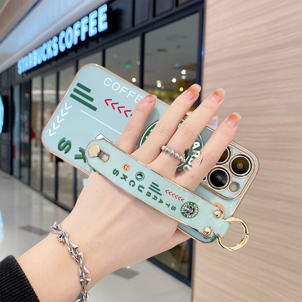 (With Wristband) Hontinga Casing Case For iphone 16 Pro Max Plus 5G 11 Pro Max 12 Mini 12 Pro Max 13 Mini 13 Pro Max Case Cartoon Cute Starbucks Luxury Chrome Plated Soft TPU Square Phone Case Full Cover Camera Protection Anti Gores Rubber Cases For Girls