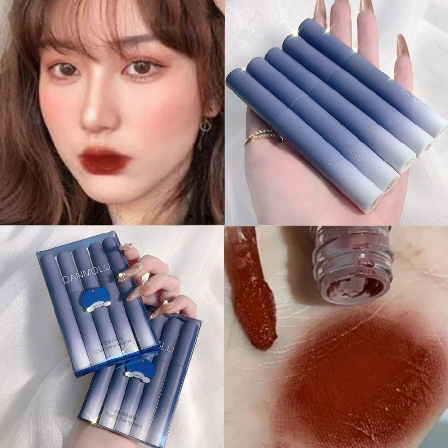 DANMOLU 5Pcs/set Lip Gloss Doraemon Matte Lip Mud Silky Matte Long Lasting lip Glaze Moisture