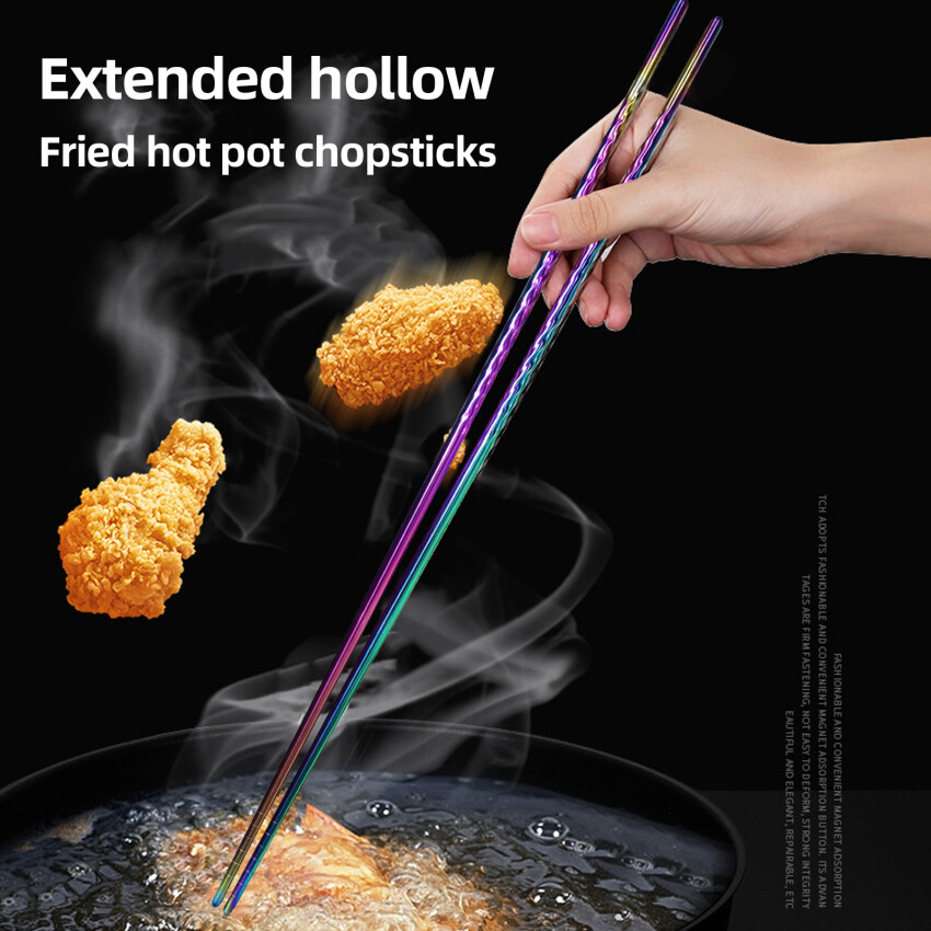 Long Chopsticks,Stainless Steel Chopsticks with Non Slip Threaded and 16.5 Inch Wooden Noodles Kitchen Cooking Frying Chopsticks