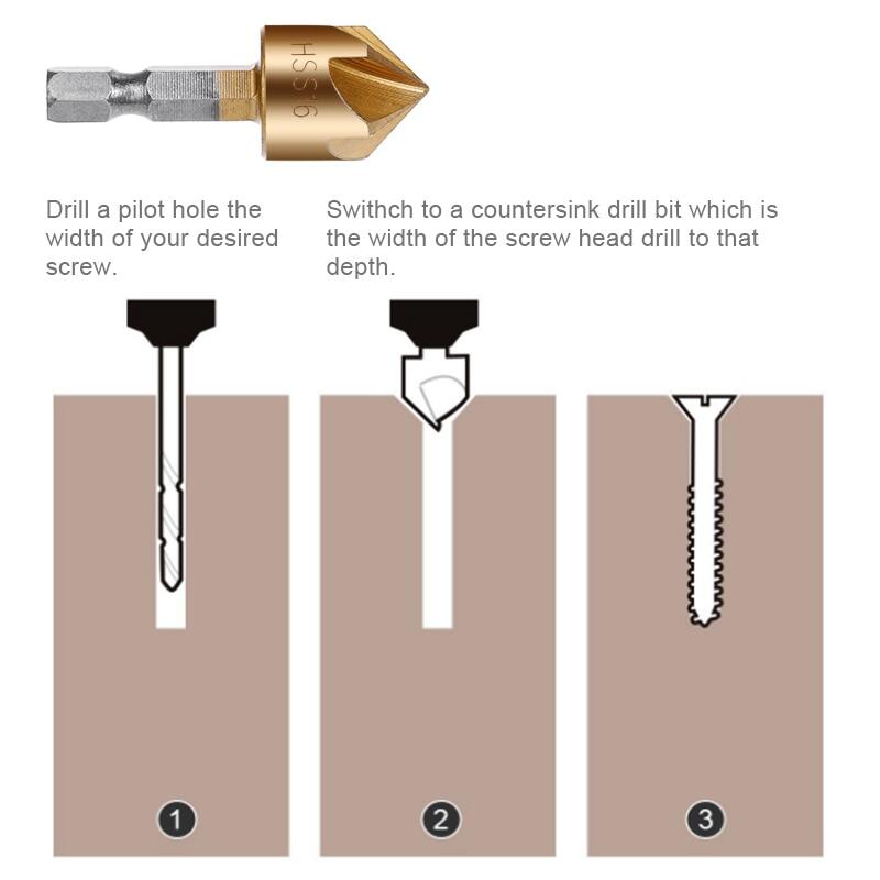 3/6Pcs Countersink Drill Bit Set 1/4'' Hex Shank HSS 5 Flute Countersink 90 Degree Wood Chamfering Cutter Chamfer 6mm-19mm
