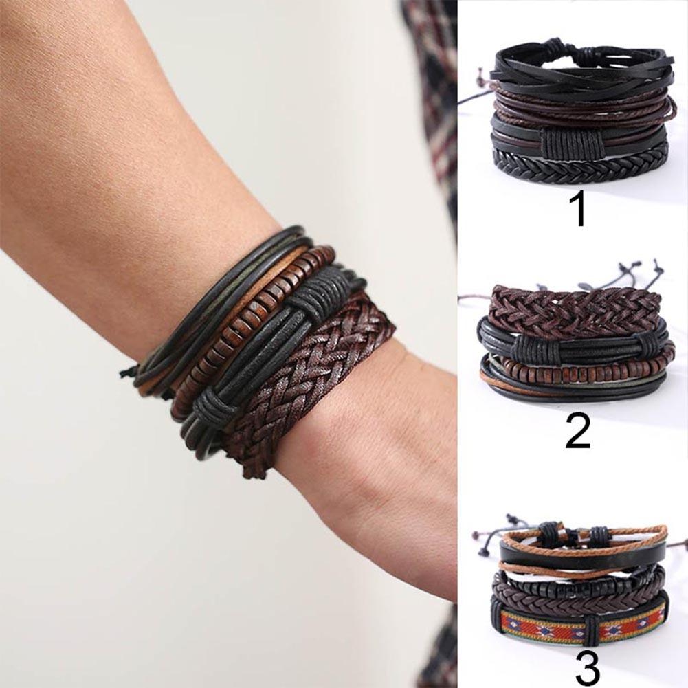 1 Bộ Vòng Tay Đan Dây Nhiều Lớp Phong Cách Punk Cho Nam, Phụ Kiện Vòng Đeo Tay Bằng Da PU