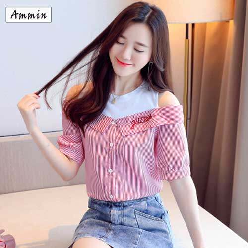 AMMIN Korean summer new short-sleeved striped shirt female loose strapless fake two-piece student embroidery chiffon shirt blouse