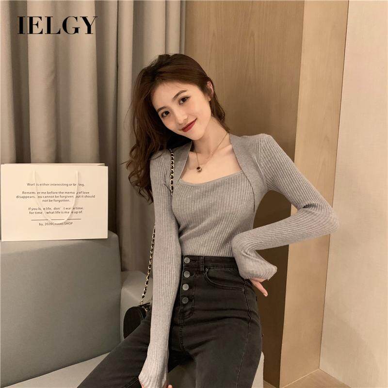 IELGY Women's clothes sweater fashion black casual Korean slim all-match knitted long-sleeved