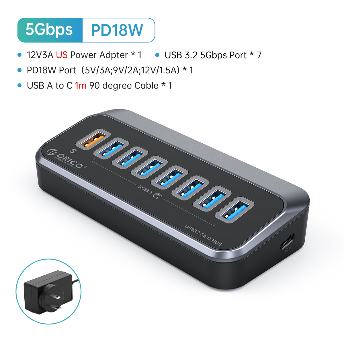 7-port hubs high speed usb 3.0 multi hub splitter expansion computer charging devices data transfer high speed 5gbps hub pd 18w charging usb3.2 type usb c card reader splitter with power adapter, type c to usb 3.0 hub splitter with 12v 1.5a power adapter