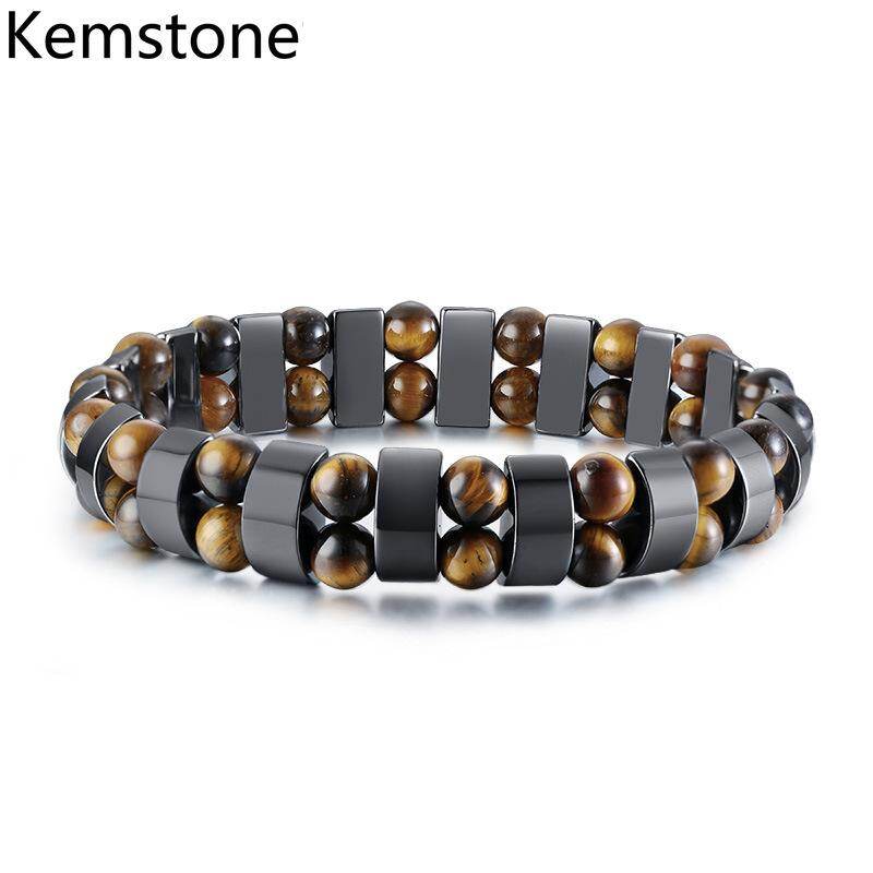 Kemstone Trendy Hematite Tiger Eye Stone Black Bead Strands Men's Elastic Rope Bracelet
