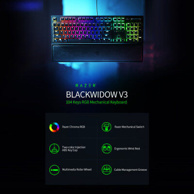 Razerคีย์บอร์ดแบบเมคคานิเคิลBlackwido V3,คีย์บอร์ด104คีย์คีย์บอร์ดสำหรับเล่นเกมแบบมีสายพร้อมเอฟเฟ็กต์ไฟRGBสีเขียวRazer