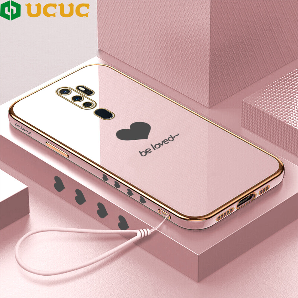 UCUC Casing Case For OPPO A7 A5S A3S A33 Oppo A5 A9 A31 2020 Free Lanyard + Lover Heart Square Edge Pattern Plated Shockproof Shell Luxury Plating Soft Case For Girls