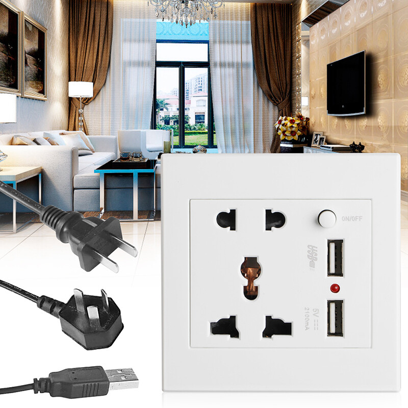 Ổ Cắm + 2 USB + Công Tắc Ổ Cắm Gắn Tường Bộ Sạc Bộ Chuyển Đổi Nguồn AC/DC Bảng Ổ Cắm