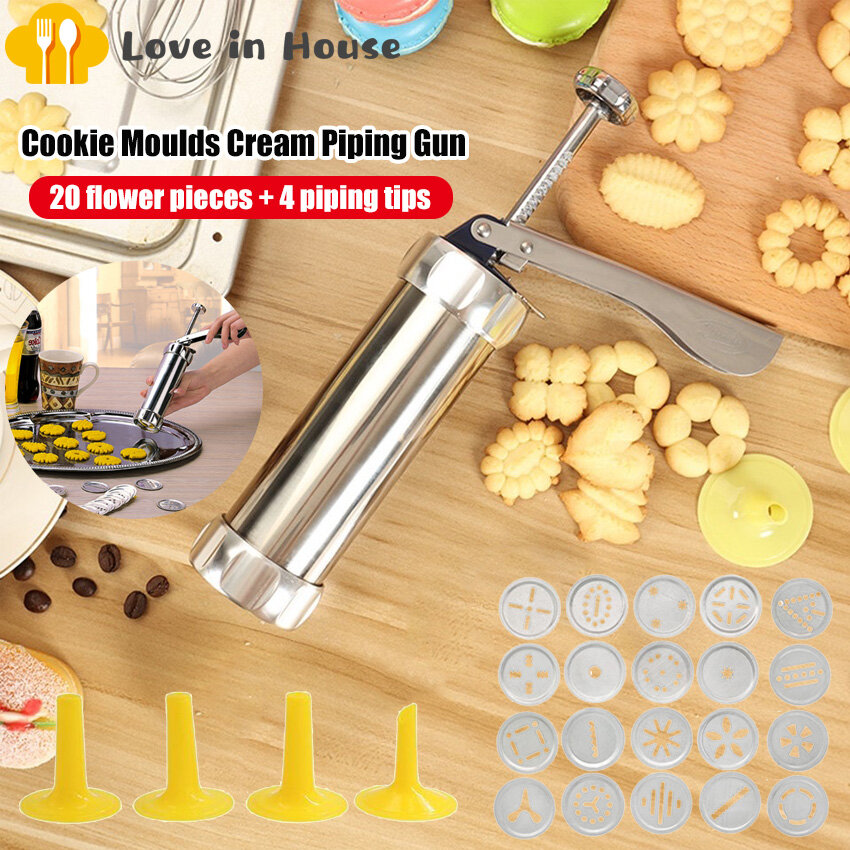 Cookie Press Kit-Includes 20 Cookie dies and 4 Stainless Steel nozzle for DIY Biscuit Maker and Decoration Christmas Cookie Making Silver