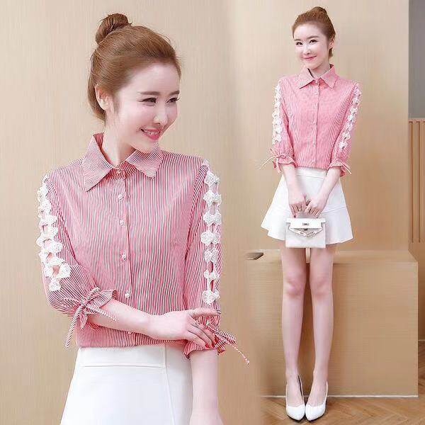 CARINE New Korean Summer Shirt Chiffon Striped Shirt Lace patchwork shirt with seven-quarter sleeves