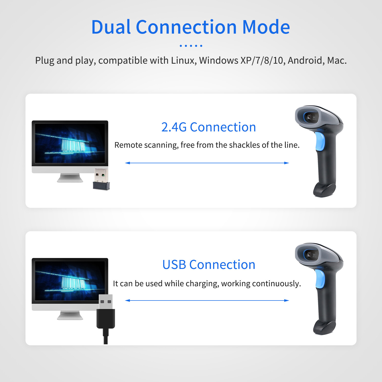 KKmoon Handheld Barcode Scanner 1D/2D/QR Code Scanner 2.4G Wireless & USB Wired Bar Code Reader Compatible with Windows Mac Linux for Supermarket Retail Library Logistics Warehouse