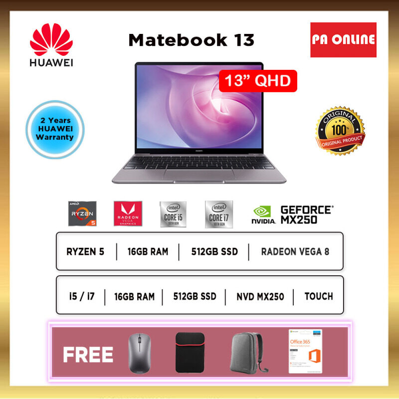 Huawei MateBook 13 R5 i5 i7 2020- Intel Core i5 /Core i7 /AMD Ryzen 5 /16GB RAM /512GB PCIe SSD /13 FHD IPS /2GB NVD MX250(i5&i7) ,AMD Vega 8(Ryzen 5) /Win 10 /2 Years Malaysia