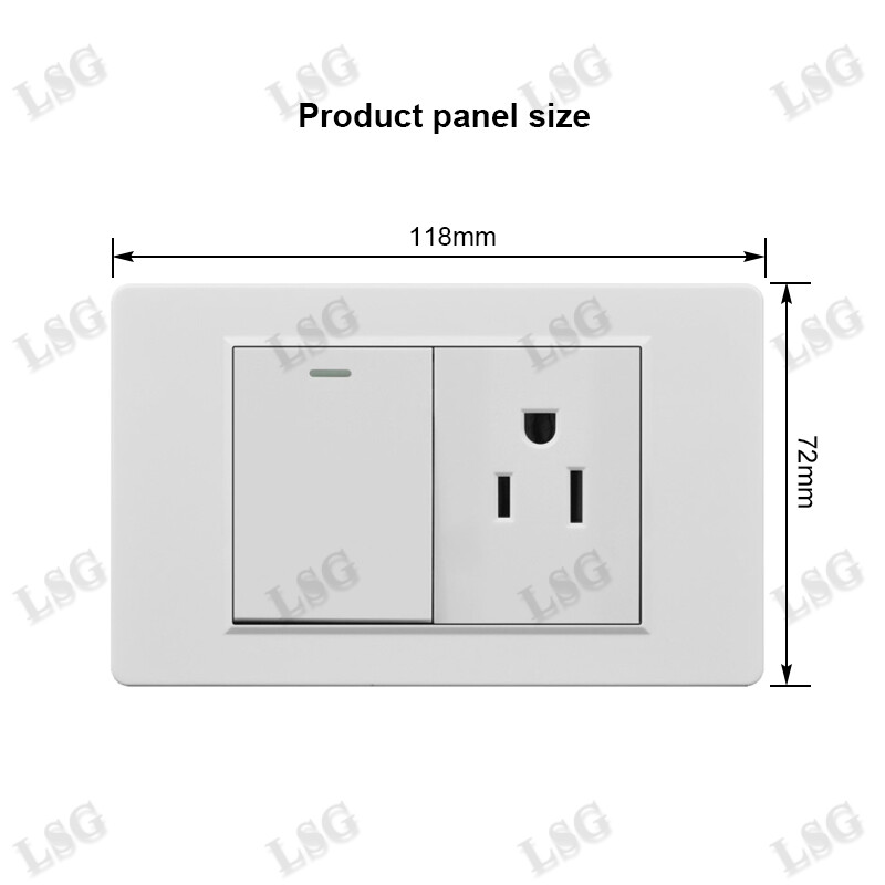 【LSG】Type 118mm wall switch outlet socket 3 pin US standard socket with 1 gang 2 way light switch Panel PC flame retardant 250V 15A Household Safety Universal outlet