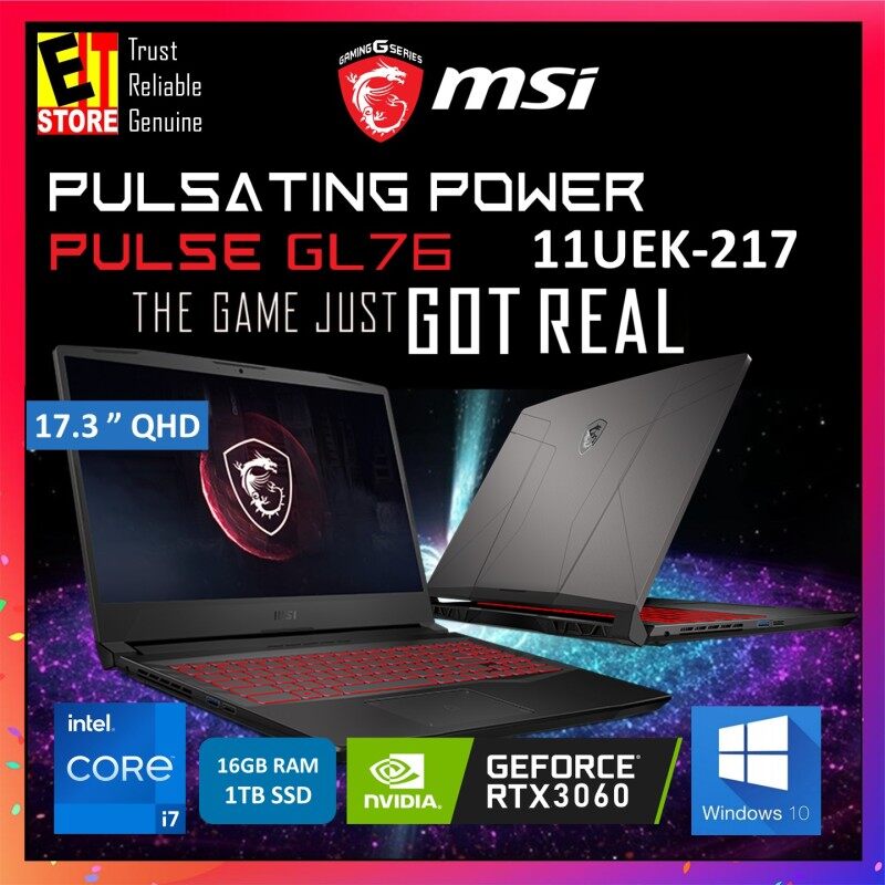 MSI PULSE GL76 11UEK-217 GAMING LAPTOP - TITANIUM GRAY (i7-11800H/16GB/1TB SSD/17.3 QHD/6GB RTX3060 GDDR6/W10/2YRS) + BAG Malaysia