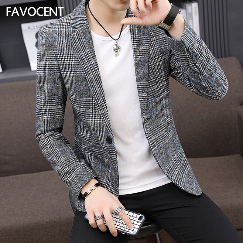 FAVOCENT Spring Autumn New Men Casual Suit Korean slim plaid suit Blazer