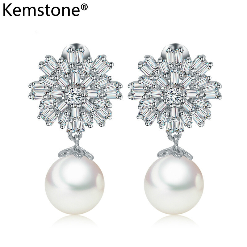 Kemstone Silver Plated Crystal Pearl Ball Women Dangle Earrings Jewelry Gift for Female