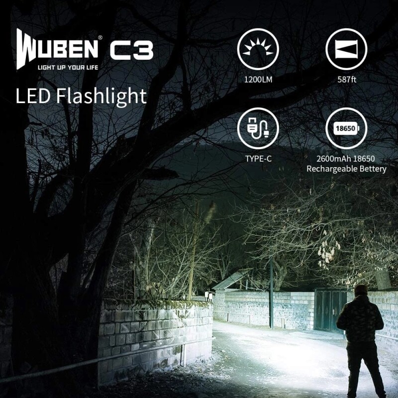WUBEN C3 Flashlight Hard Light 1200Lumens Type-C Rechargeable With Battery Protable LED Troch Light For Outdoor Lighting